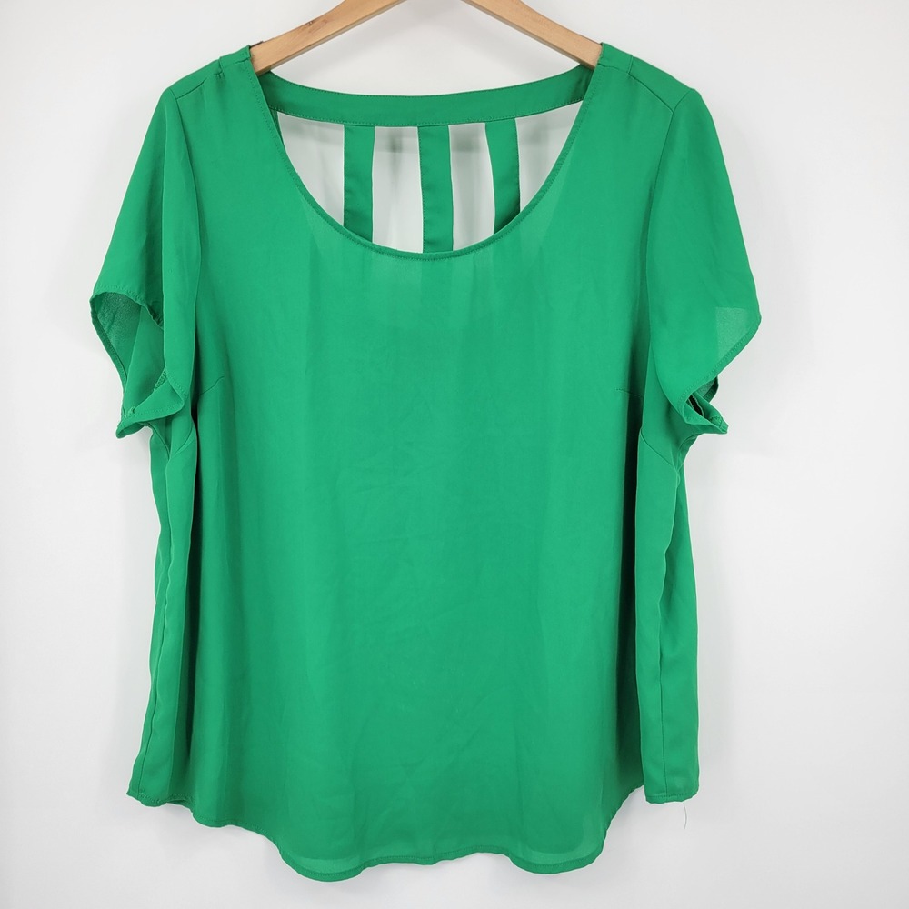 Torrid Blouse Women 1 Green Cage Back Short Sleeve Chiffon Scoop Neck Top Office